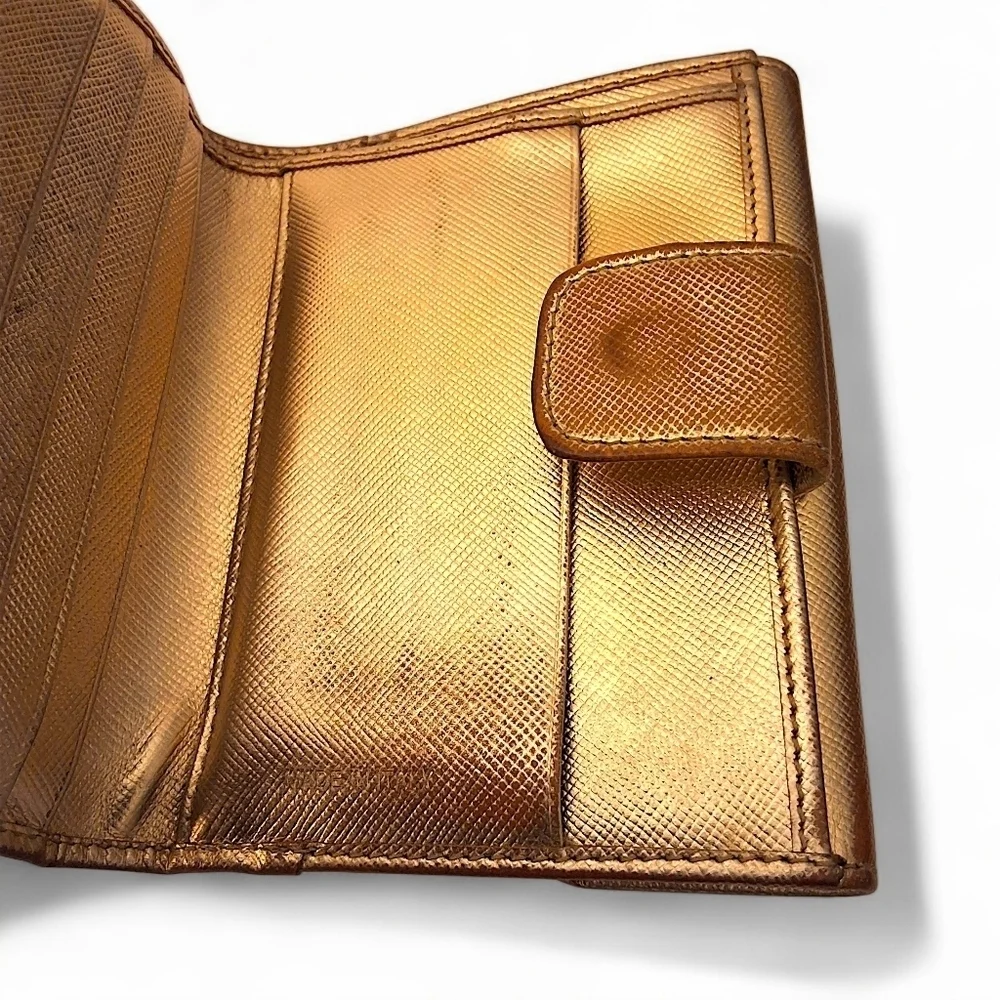 Prada Saffiano Leather Compact Wallet in Metallic Oro Gold with COA